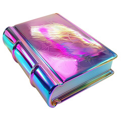 A vibrant, holographic book with a glossy cover reflecting colorful light, perfect for artistic and creative themes.