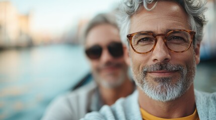 A man in glasses smiles at the camera while on a gondola ride, with another man slightly blurred in the background. The image captures joy and companionship in Venice.