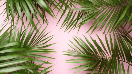 tropical palm leaf on pink background flat lay top view