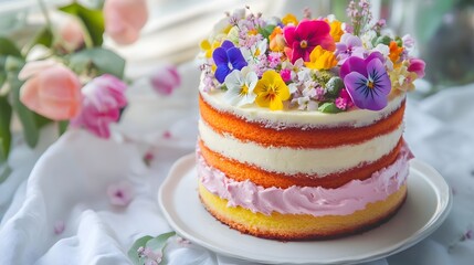 A beautifully decorated multi-layered cake with vibrant frosting and edible flowers, placed elegantly on a white tablecloth, soft light illuminating the scene