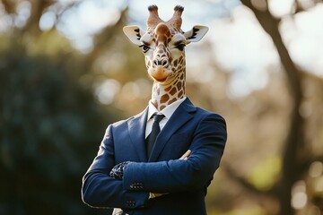 A sophisticated giraffe in a suit stands confidently with arms crossed in a sunlit outdoor setting during the late afternoon