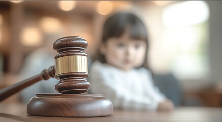 Gavel in courtroom, soft focus on child and adult, symbolizing family legal decisions