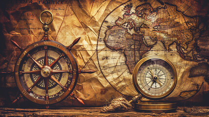 Magnetic compass on world map.Travel, geography, navigation, tourism and exploration concept background.