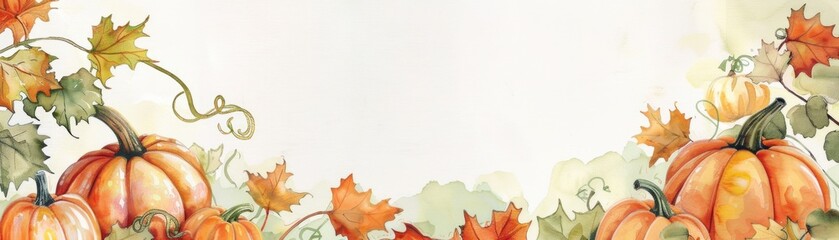 Autumn-themed watercolor artwork with pumpkins and colorful leaves framing a central white space, perfect for seasonal designs. ai