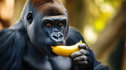 Majestic gorilla holding a banana in a forest, soft light, contemplative expression