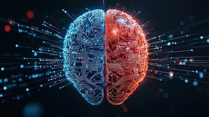A brain divided into two: one side with programming code and the other side with abstract colors