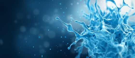  A tight shot of a blue liquid splattering onto a blue backdrop, surrounded by a hazy, illuminated background