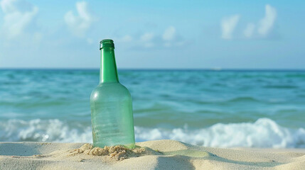 Empty green glass bottle buried in the sand near the sea