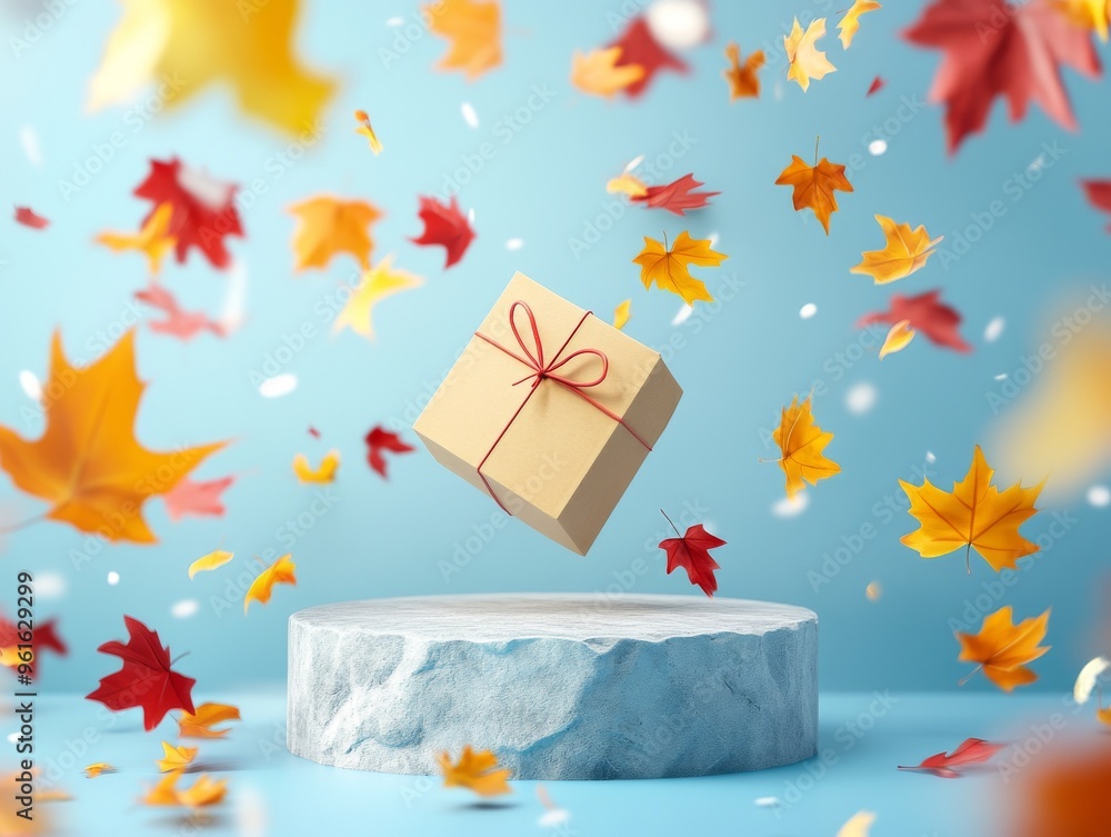 Fall Amazon. Box Background box, package on a blue background in a frame of colorful autumn leaves ...