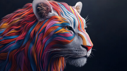  A colorful depiction of a lion, showcasing vibrant hues blending into its majestic mane, symbolizing creativity and strength.