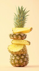 A stack of pineapple slice fruit balancing on top with solid background