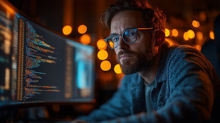 A focused programmer analyzes data on a computer screen in a dimly lit room, surrounded by warm bokeh lights in the background.