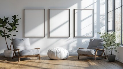 Minimalist living room with two modern chairs, framed artwork, and natural light streaming through large windows, creating a serene and cozy atmosphere.