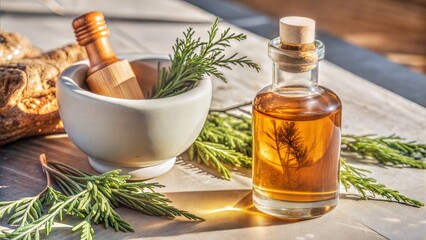 Poster -  bottle of thuja infusion or oil mortar and planta