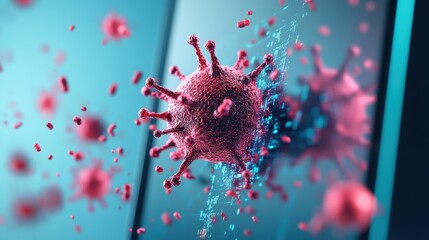 Wall Mural - a digital shield protecting a computer screen from a swarm of malicious viruses and malware.