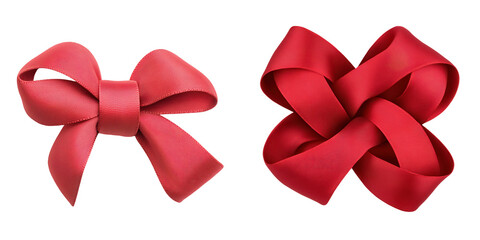 Two elegant red satin bows perfect for gift wrapping or decorative accents. Ideal for festive occasions and celebrations. isolated on transparent or white background, png