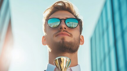 Poster - A successful business owner standing proudly in front of their company building, holding a trophy and beaming with pride.