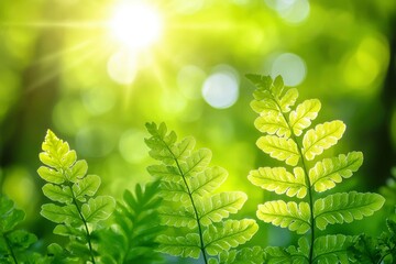 Canvas Print - Fern Fronds Illuminated by Sunlight in a Green Forest