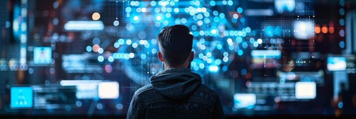 A programmer working on code in a dark room with multiple monitors, showing complex algorithms and data visualizations.