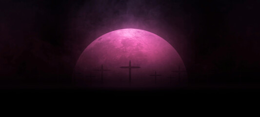 Halloween background or wallpaper, purple dark blue gradient, Abstract light, spooky moon night smoke float up, asphalt floor, dark scene, cemetery for holiday poster, Creepy mystical with cross