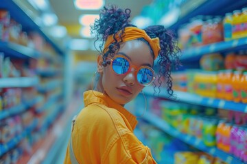 A confident young woman in a vibrant orange outfit explores a colorful grocery aisle