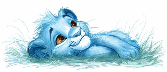 Canvas Print -  A blue, furry animal lies in the grass, its head resting on its paws, eyes wide open