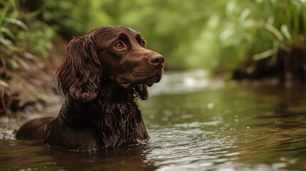 Wall Mural - A brown dog wades through a shallow stream surrounded by greenery.