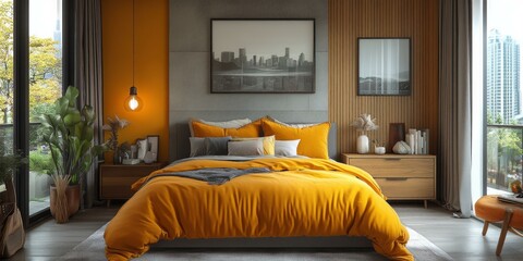 Canvas Print - Modern Bedroom with Yellow Sheets and Orange Accents