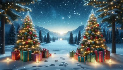a winter landscape featuring two decorated evergreen trees adorned with ornaments and twinkling ligh