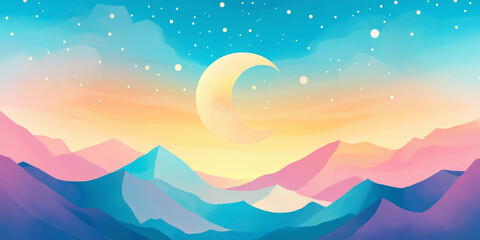 Minimal beautiful illustration of a crescent moon in a mountain 