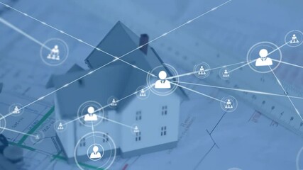 Poster - Network of connections and data processing animation over architectural blueprints and house model