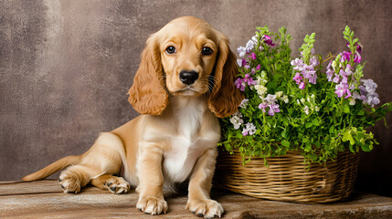 portrait cocker flowers very red american cute puppy spaniel eyes dog animal pet canino brown breed 