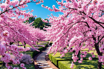 Cherry blossom trees in full bloom in a public park. AI generated