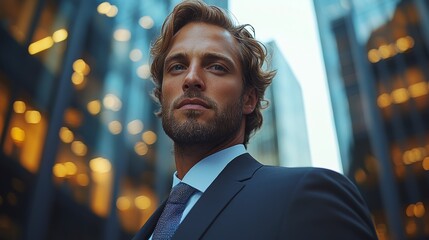 Wall Mural - Confident young man in a suit standing in an urban business district during twilight hours with glass buildings around him