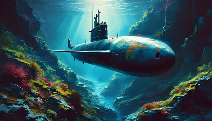 Surreal underwater journey of a submarine through dramatic and vibrant oceanic landscapes