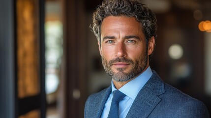 Wall Mural - Professional man with curly hair poses confidently in a stylish suit against a modern interior backdrop during a bright daytime setting