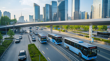 modern landscape beijing city architecture building business car overpass road skyscraper street traffic transportation asia blue bus center china