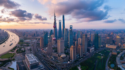 Wall Mural - panoramic China dusk view shanghai skyline City Aerial Cityscape Chinese Tower Wide Landmark Horizon Building Traffic Modern Business Background Finance Arc