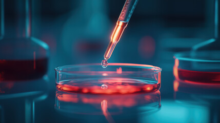 liquid being poured into glass petri dish by the glass pipette dropper in science research lab with 