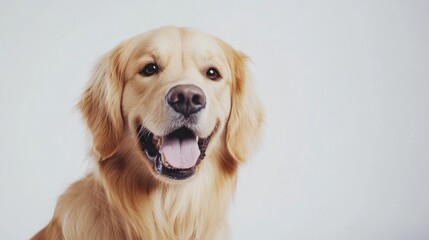 A cheerful golden retriever with a bright smile against a light background.