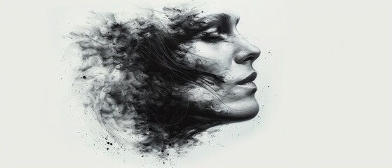 Canvas Print -  A black-and-white image of a woman's face emitting copious amounts of smoke