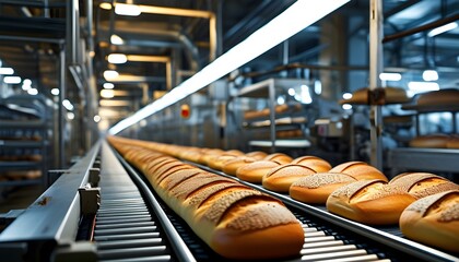 Freshly Baked Loaves on a Conveyor Belt in a Bright Modern Food Production Facility