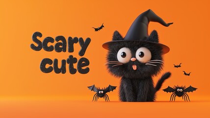 Wall Mural - Scary cute halloween design featuring fluffy black cat and witch hat