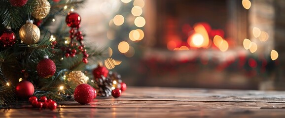 Xmas tree with red ornaments and blurred background of a warm room, with a wooden table, fireplace, and garland lights