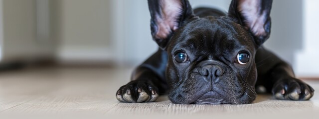 Wall Mural -  A tight shot of a dog resting on the floor, its chin touched by the floor as it gazes into the camera