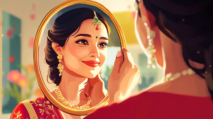 Sticker - Modern woman seeing husband through seive, performing karwa chauth