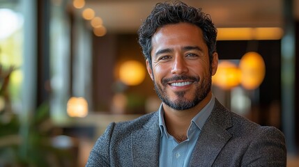 Wall Mural - A confident man smiles warmly in a modern office environment during daylight, showcasing professional attire and a welcoming demeanor