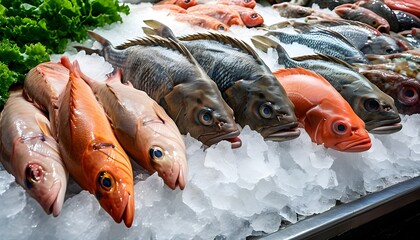 Vibrant assortment of fresh fish displayed on ice at a bustling seafood market