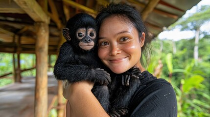 Woman holding cute baby monkey in tropical rainforest