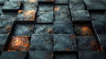 Abstract 3D Dark Metal Cubes with Glowing Details